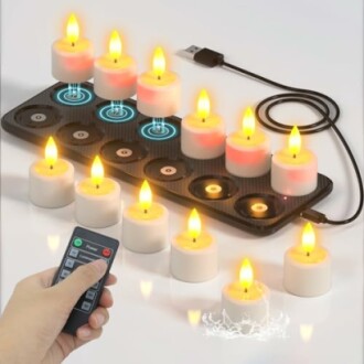 Remote-controlled flameless tealight candles with charging base and remote.