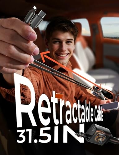 Person holding retractable cable in car