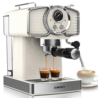 Retro-style espresso machine with two espresso shots and a cappuccino.