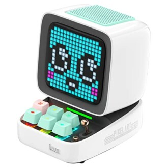 Retro pixel art speaker with colorful buttons and display
