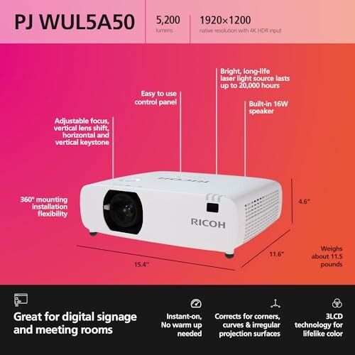 Ricoh PJ WUL5A50 projector with 5200 lumens and 1920x1200 resolution