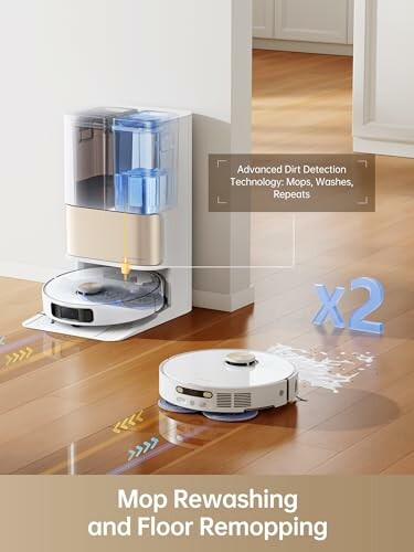 Robot vacuum with mop rewash and remop feature on wooden floor.