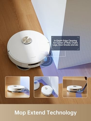 Robot vacuum with mop extend technology for edge cleaning.