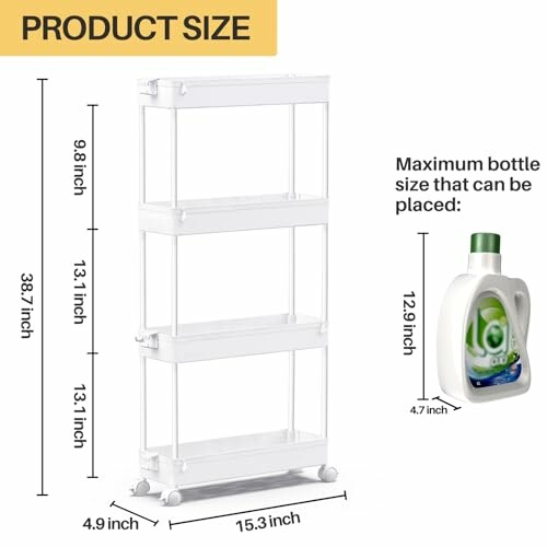 Dimensions of a four-tier rolling storage cart with bottle size guide.