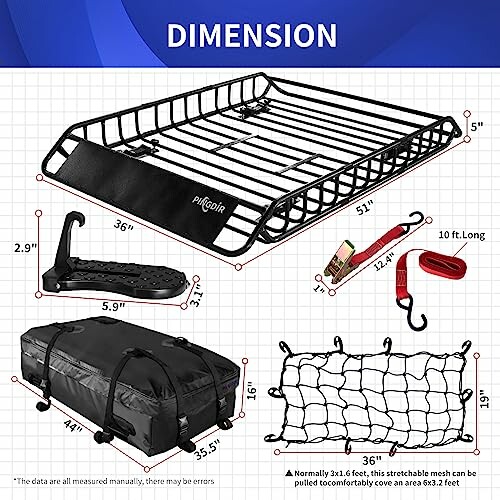 Roof rack with dimensions, step, cargo bag, and net.