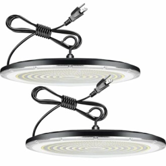 Two round LED grow lights with cords and plugs.