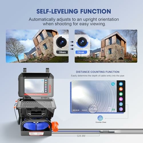 Self-leveling camera system with distance counting function for pipe inspection.