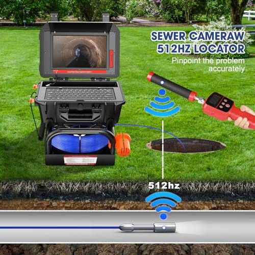 Sewer camera with 512Hz locator detecting underground pipe issues.