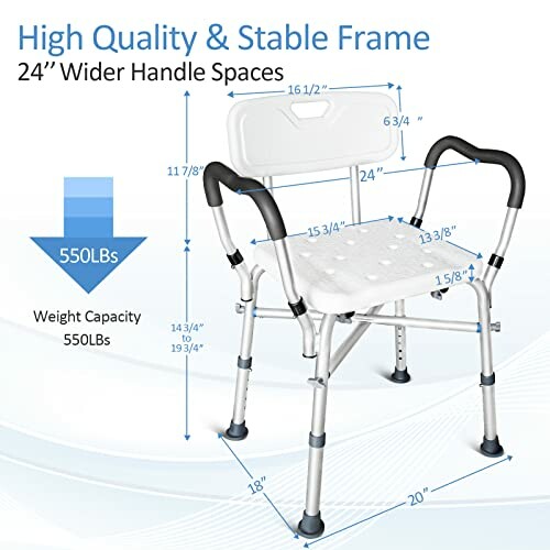 Adjustable shower chair with dimensions and weight capacity details.