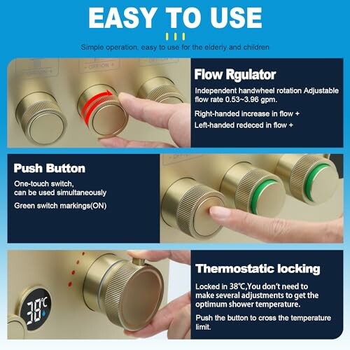 Shower control panel with flow regulator, push button, and thermostatic locking features.
