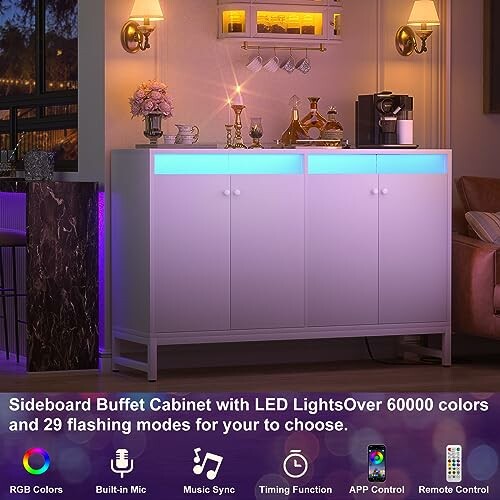 Sideboard buffet cabinet with LED lights and various modes.