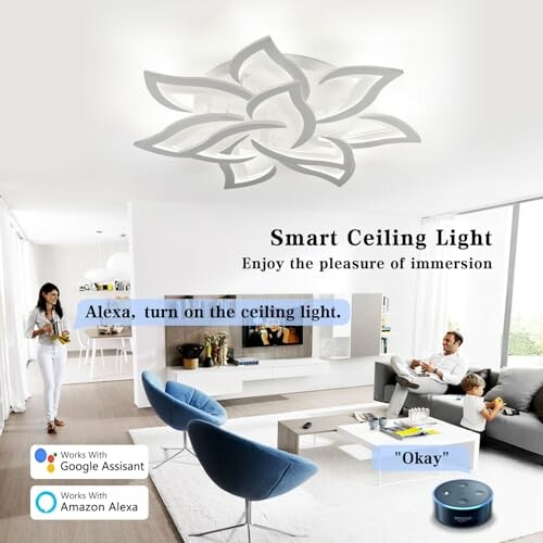 Modern living room with smart ceiling light, compatible with Google Assistant and Amazon Alexa.