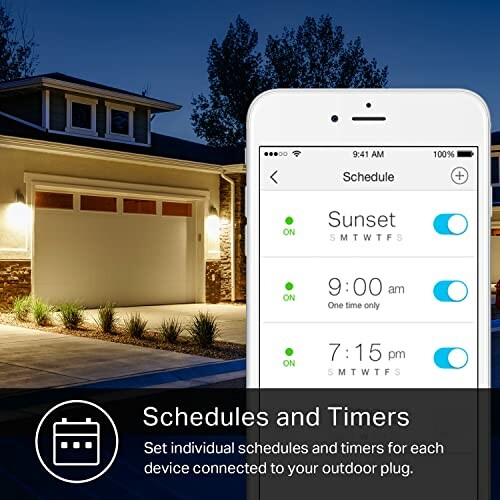 Smartphone app displaying light schedules with a house in the background.