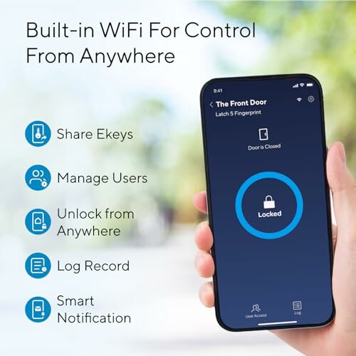 Hand holding smartphone displaying smart lock app with built-in WiFi features listed.