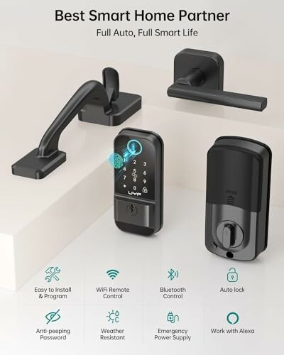 Smart lock system with features like WiFi control, Bluetooth, Alexa compatibility, and waterproof design.