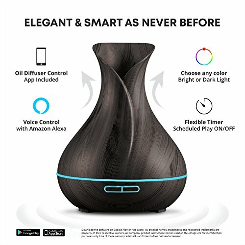 Elegant smart oil diffuser with app and voice control features.