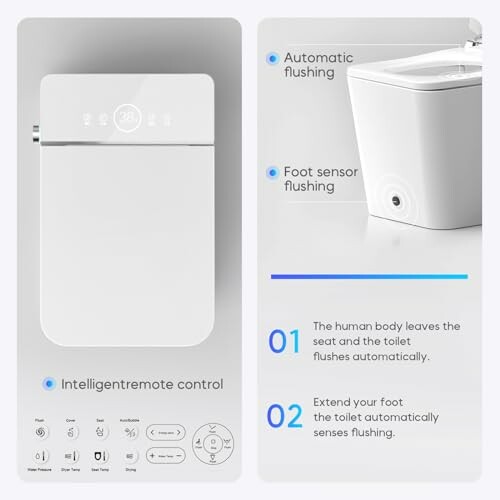 Smart toilet with automatic and foot sensor flushing.