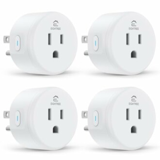 Four smart WiFi plugs with power button and brand logo