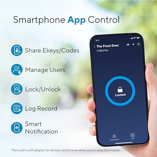 Hand holding smartphone showing app control features for smart lock.