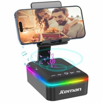 Smartphone holder with integrated speaker and colorful lights.