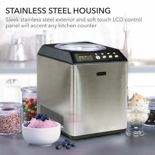 Stainless steel ice cream maker with LCD panel on kitchen counter.
