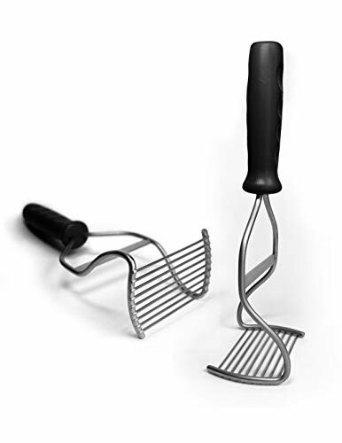 Stainless steel potato masher with ergonomic handle.