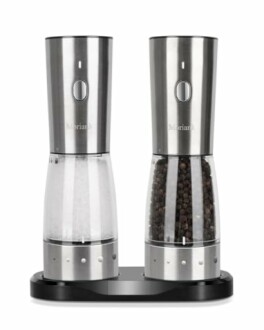 Stainless steel salt and pepper grinders on a stand.