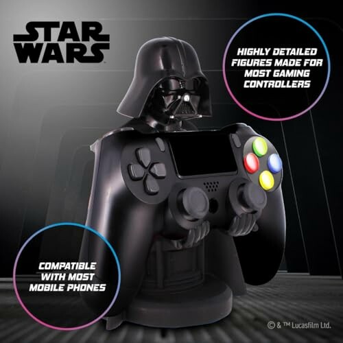 Darth Vader figure holding a gaming controller, compatible with most mobile phones.