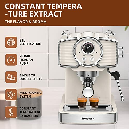 Sumsaty coffee machine with features like ETL certification, 20 bar pump, milk frothing system, and temperature control.