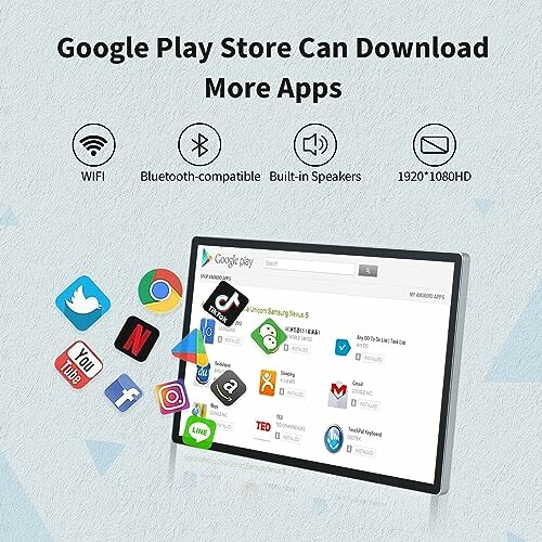 Tablet displaying Google Play Store with app icons and features.