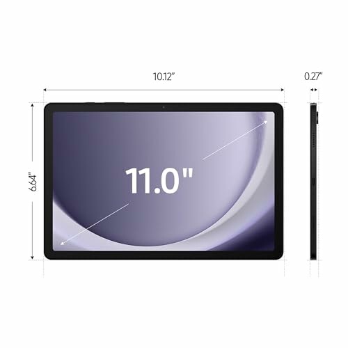 Tablet with 11-inch screen and dimensions 10.12 by 6.64 inches.
