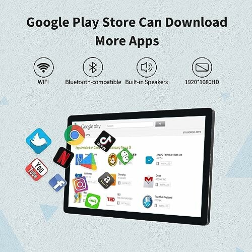 Tablet displaying Google Play Store apps with icons floating around.
