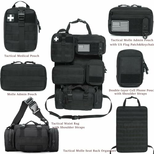 Assorted black tactical bags and pouches with straps and patches.