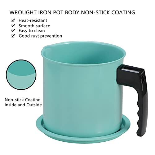 Teal non-stick pot with handle and heat-resistant features.