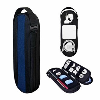 Tech accessory organizer case with compartments for cables and chargers.