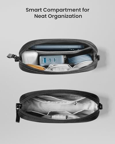 Two views of a tech accessory organizer with compartments for cables and devices.
