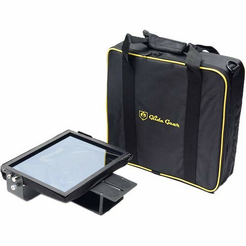 Portable teleprompter with black carrying case.