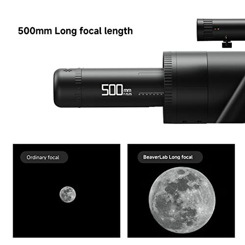 Telescope with 500mm long focal length showing moon comparison.