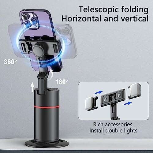 Telescopic folding phone holder with horizontal and vertical rotation.