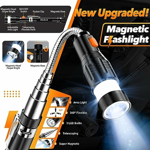 Telescoping magnetic flashlight with flexible neck and LED bulbs.