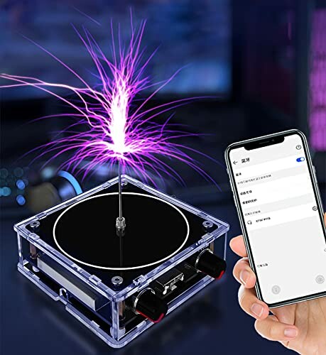 Hand interacting with a plasma speaker emitting purple light