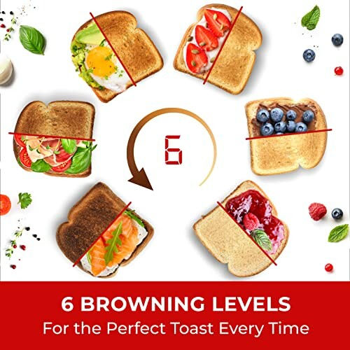 Image showing six different browning levels of toast with various toppings.