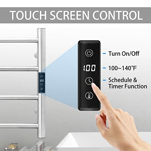 Touch screen control panel for towel warmer with temperature and timer options.