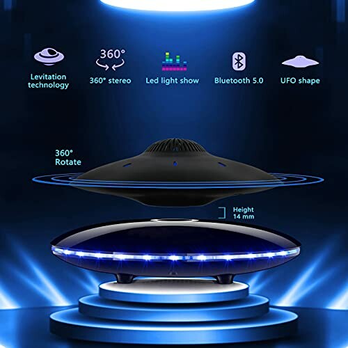UFO-shaped levitating Bluetooth speaker with LED lights.