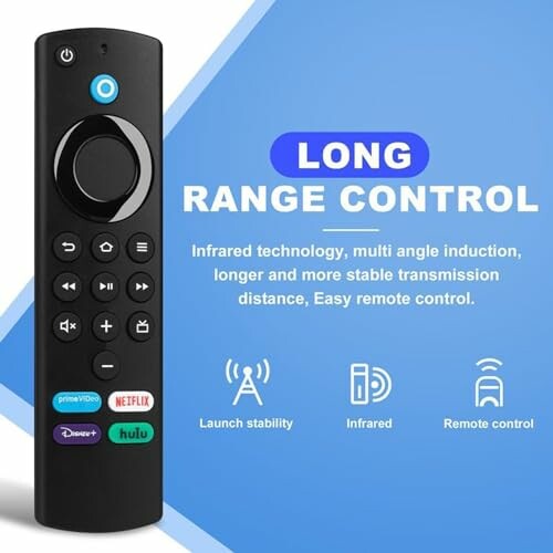 Universal remote control with long range and multiple streaming service buttons.
