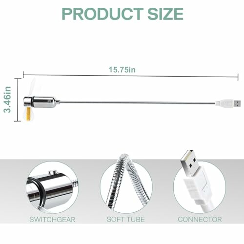USB fan with dimensions and components.