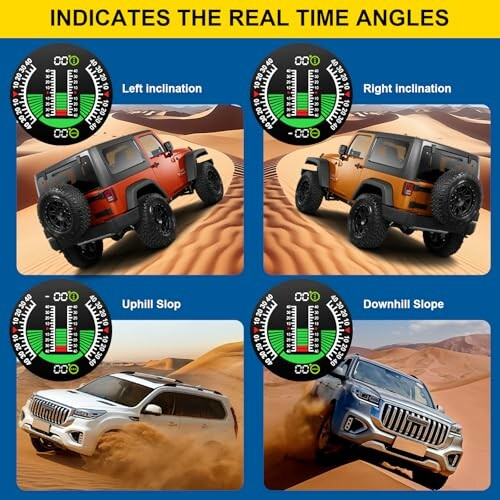 Four images showing vehicles with angle indicators for left, right, uphill, and downhill inclinations.