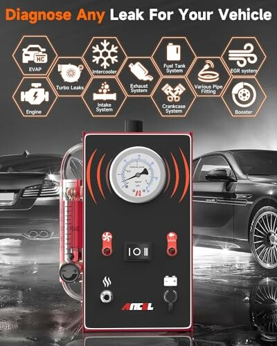 Vehicle leak diagnosis tool with various system icons.