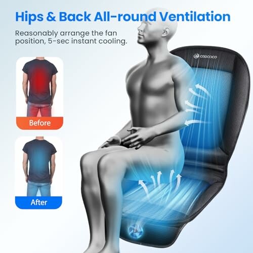 Illustration of a ventilated seat cushion showing airflow for hips and back cooling.
