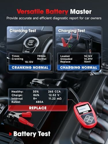 Battery diagnostic tool display showing cranking and charging test results.